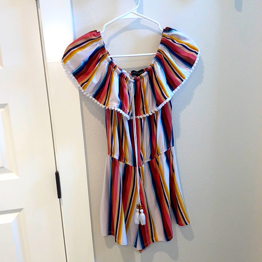 VGUC Girls Size M Striped Stripe Off the Shoulder Romper with fringe boho
